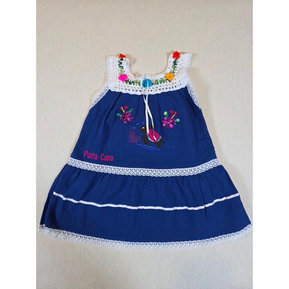 Unbranded Girls Blue Punta Cana Embroidered Turtle Lace Trim Dress‎ Size 3